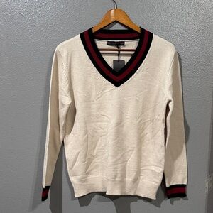 V-Neck Cream Sweater with Black & Red Trim